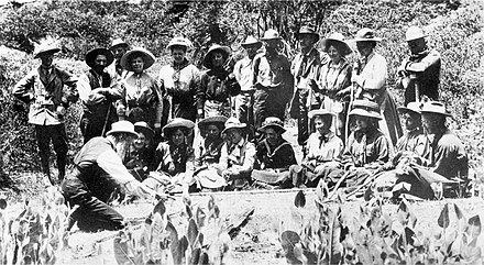 John Muir (lower left) teaching a group at Muir Woods in the early 1900s