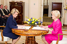 Bishop being sworn in as Foreign Minister by Quentin Bryce at Government House in 2013 Julie Bishop being sworn in.jpg