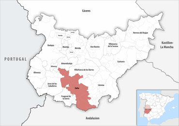 Die Lage des Gerichtsbezirk Zafra in der Provinz Badajoz