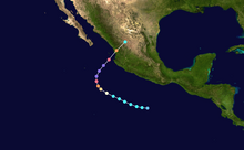 A track map of the path of a hurricane near Mexico; it initially moves west-northwestward, paralleling the coast while remaining offshore, but then it turns to the north-northeast and makes landfall, dissipating over mountainous terrain inland