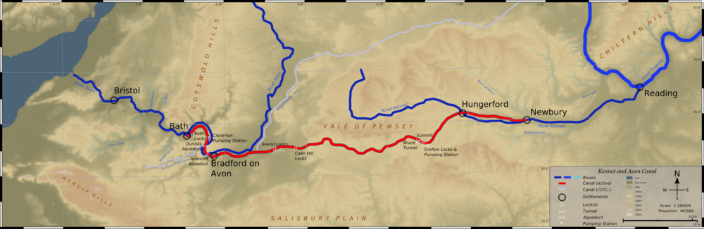 Kaart met de route (in rood) van het kanaal.