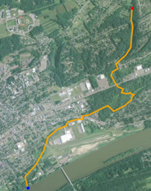 Satellite map of Kinney Run. The red dot is the stream's source and blue dot is its mouth.