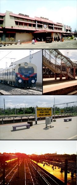 From Top: Entrance of Kollam Junction Railway Station, A MEMU train at Kollam railway station, foot overbridge, name board of the station, Kollam MEMU