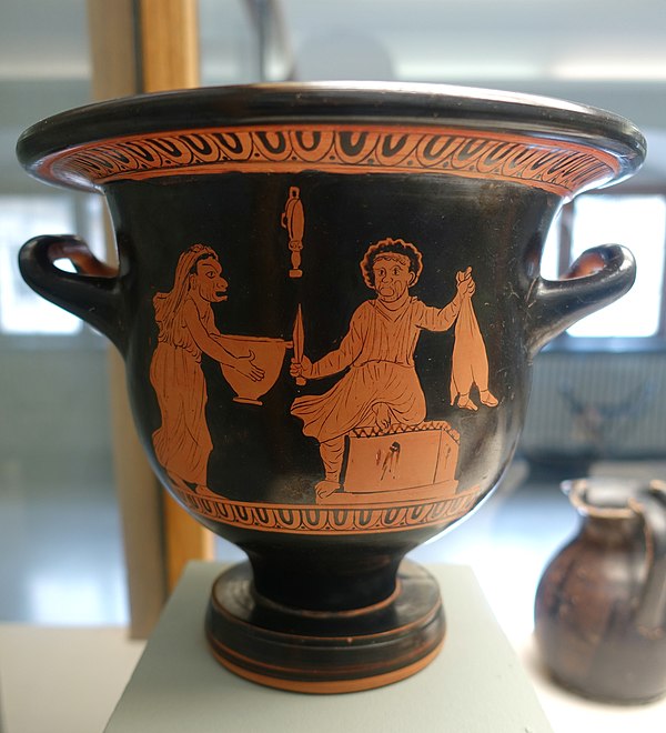 Scene from Thesmophoriazusae on an Apulian krater, c. 370 BC; Having been exposed, Mnesilochus grabs a baby as a hostage, but finds out it was a disgu