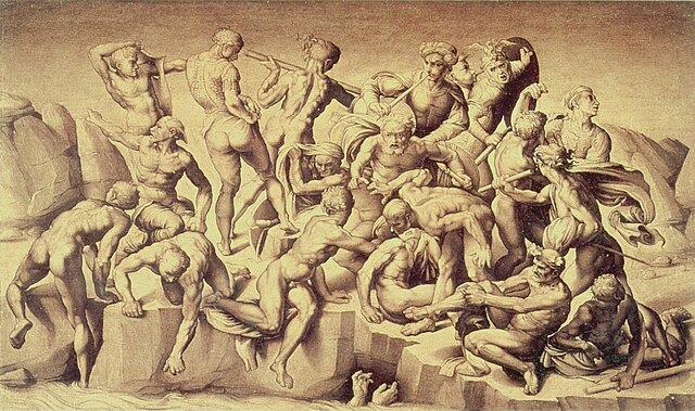 Copy after lost original, Michelangelo's Battaglia di Cascina, by Bastiano da Sangallo, originally intended by Michelangelo to compete with Leonardo's