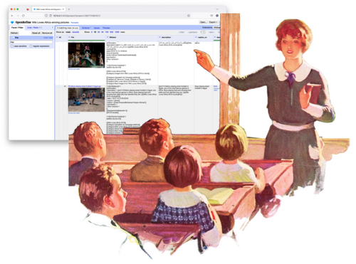 Illustration remixing a vintage, 1950s-style illustration of a female teacher in front of a classroom with children. The teacher points to a 'blackboard' which actually shows an OpenRefine screenshot.