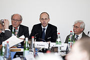 English: Historian Jean-Paul Lehners, Minister Luc Frieden and Arno J. Mayer at the opening ceremony of the Luxembourg Institute for European and International Studies conference Arno J. Mayer – Critical Junctures in Modern History, 10-11 May 2013, Casino Luxembourg.