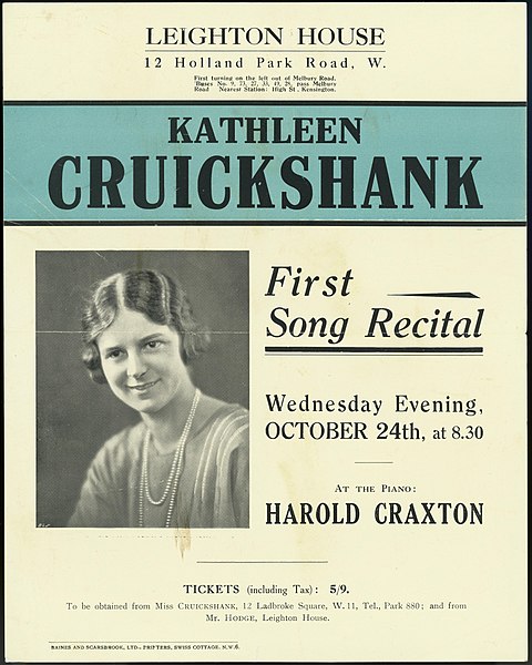 File:Leighton House (12 Holland Park Road, W). Kathleen Cruickshank, first song recital, Wednesday evening, October 24th at 8.30. At the piano, Harold Craxton. Baines and Scarsbrook Ltd., printers, Swiss (20660921743).jpg