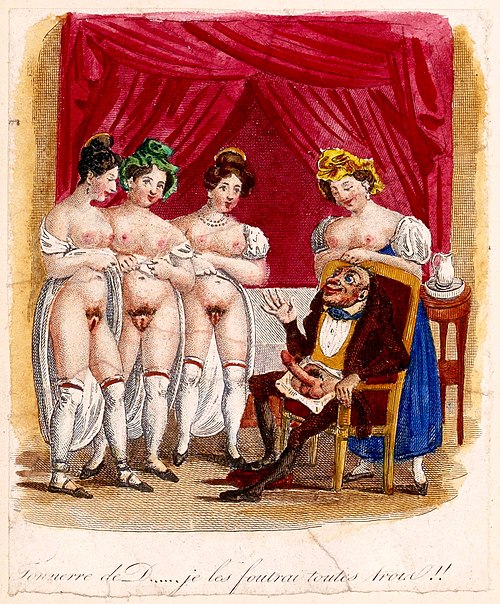 Gravure érotique française, illustration des douze journées érotiques de Mayeux : Tonnerre de D…! je les foutrai toutes trois !…