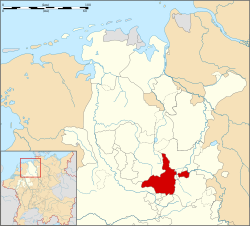 1560年的下莱茵-威斯特法伦行政圈地圖 拉文斯貝格伯國以紅色表示