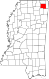 Harta statului Mississippi indicând comitatul Prentiss