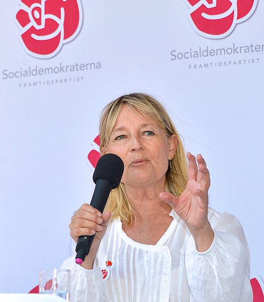 Ulvskog delivering a speech at Sergels torg in Stockholm in May 2014