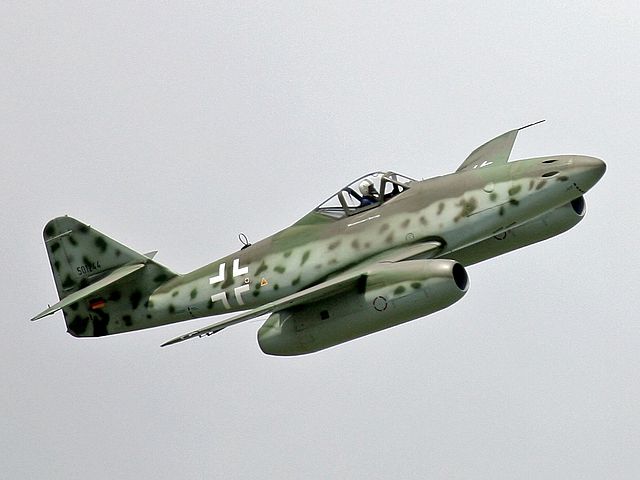 A replica of a German Messerschmitt Me 262, one of the first combat aircraft to fly under turbojet power