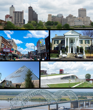From top to bottom and left to right: Downtown Memphis skyline, Beale Street, Memphis trolley car, Arcade Restaurant, AutoZone Park, and the Hernando de Soto Bridge