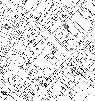 1950s map showing the tower and church remains. Mercers Hall, Gloucester.jpg