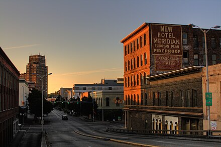 Looking into downtown Meridian from the 22nd Avenue Bridge in 2008. The Hotel Meridian was later demolished.