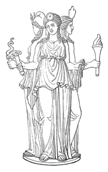 Hecate, Greek goddess of the crossroads; drawing by Stephane Mallarme in Les Dieux Antiques, nouvelle mythologie illustree in Paris, 1880 Meyers b8 s0345 b1.png