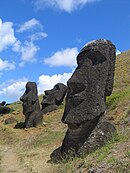Moai Statues are monolithic ancient monuments at Easter Island, Chile Moai Rano raraku.jpg
