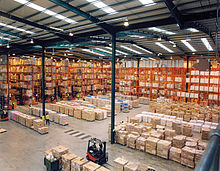 A warehouse implementing a pallet rack storage system Modern warehouse with pallet rack storage system.jpg