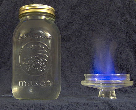 A typical jar of moonshine, with a sample being ignited to produce a blue flame. It was once wrongly believed that the blue flame meant that it was safe to drink.
