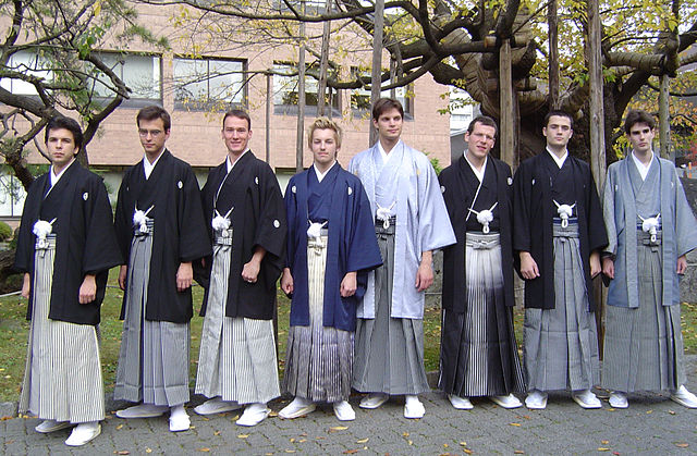 International students in formal montsuki-haori-hakama. Sendaihira hakama, some of them ombré