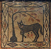 Mosaic depicting the She-wolf with Romulus and Remus, from Aldborough, about 300-400 AD, Leeds City Museum (16025914306).jpg