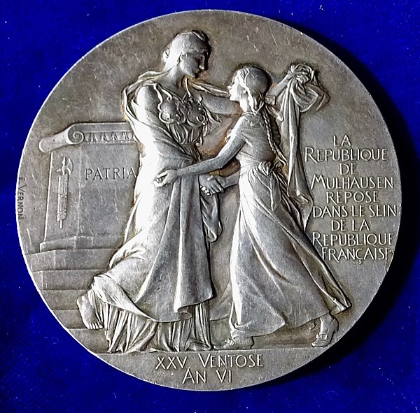 Mulhouse joining Alsace 100th anniversary medal 1898 by Frédéric Vernon, obverse