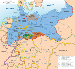 A békeszerződés értelmében kialakult Északnémet Szövetség területe, Ausztria és a délnémet államok nélkül
