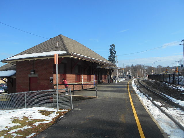 Netcong station in December 2014 from the station platform. Route 46 is visible to the right.