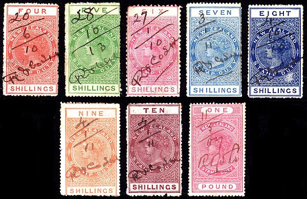 Revenue stamps portraying Queen Victoria, in use from 1880 to 1931. New Zealand stamp duty stamps.jpg