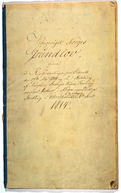 The front page of Norway's constitution of 4 November 1814 (Novembergrunnloven), which is in the Storting archives.