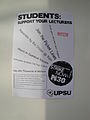 A notice at the bus stop outside the University library, in Cambrudge Road, Portsmouth, Hampshire for the public sector pensions strike which was taking place the next day on 30 November. This poster was specifically aimed at students asking them to support their university lecturers.