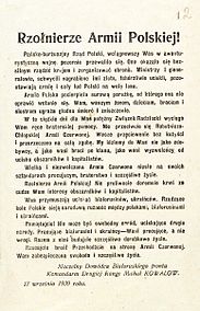 Sowjetischer Aufruf an polnische Soldaten vom 17. September 1939, in dem die Schuld am Krieg der polnischen Regierung zugeschoben wird