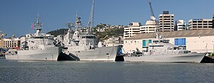 The offshore patrol vessel Otago (left), frigate Te Kaha (centre), and inshore patrol vessel HMNZS Taupo (right) in Wellington in 2010. Otago and Taupo were developed under Project Protector. OtagoTeKahaTaupo.JPG