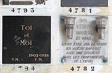 Columbarium of Pere-Lachaise Cemetery, on right: "No being on Earth has any relation to a deity in the depths of infinity". Pere-Lachaise - Division 87 - Toi & Moi.jpg
