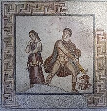 Mosaic from Roman Spain (3rd-4th century) depicting a moment from the temporary madness of Hercules, here estranged from his wife, whom he goes on to kill along with their children Panel de mosaico (50432231806).jpg