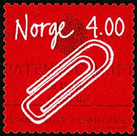 Postage stamp issued in 1999 to commemorate Vaaler's paper clip. In the background his German "Patenschrift". 1901. The depicted paper clip is not the one he invented, but the successful Gem clip.