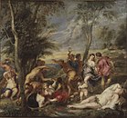 Paraphrasing Titian. The Andrians label QS:Lsv,"Backanal på Andros" label QS:Lpl,"Bachanalia" label QS:Len,"The Andrians" label QS:Lnl,"Bachanaal op Andros" . 1592–1640. oil on canvas medium QS:P186,Q296955;P186,Q12321255,P518,Q861259 . 200 × 215 cm (78.7 × 84.6 in). Stockholm, Nationalmuseum.