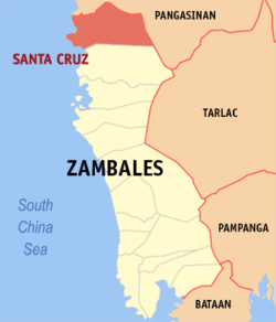 Mapa ng Zambales na nagpapakita sa lokasyon ng Santa Cruz.