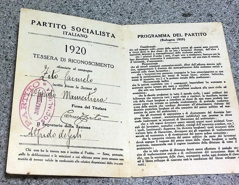 File:Photo of my Father's Carmelo Zito Italian Socialist Card from 1920.jpg