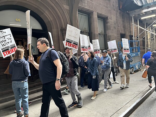 Picketers participating in the 2023 Writers Guild of America strike on May 10, 2023, at the series' set. This and other picketing resulted in producti