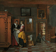 Two Women Beside a Linen Chest, with a Child c. 1663