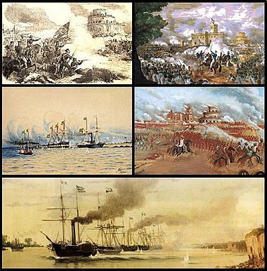 Scenes from various battles and naval engagements during the Platine War