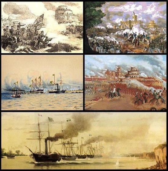 From top to bottom: Brazilian 1st Division in the Battle of Caseros; Uruguayan infantry aiding Entre Ríos cavalry in Caseros; Beginning of the Battle 