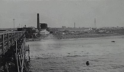 View of Pt Kembla from No.1 Coal Jetty in 1919. The closest chimney is the power station supplying the electrically-powered equipment on the jetty. Port Kembla 1919 Bridge and Factories (RAHS Photograph Collection) (27727369932).jpg