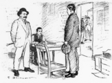 Illustration from Punch Magazine, October 7th 1914.Recruiting Officer. "What's the good of coming here and saying you're only seventeen years old? Go and walk round that yard and come back and see if you're not nineteen."