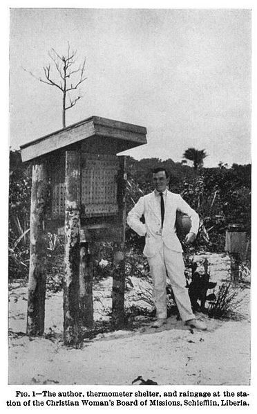 File:ROSS(1919) Fig.1 The Author, thermometer shelter at the station of the Christian Woman's Board of Missions, Schiefflin, Liberia.jpg