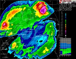 24 hours rain accumulation on the Val d'Irene radar in Eastern Canada. Notice the zones without data in the East and Southwest caused by radar beam blocking from mountains. (Source: Environment Canada) Radar-accumulations eng.png