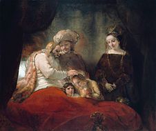 Rembrandts Jacob zegent de zonen van Jozef, 1656, dat een sterke gelijkenis vertoont met Flincks werk.