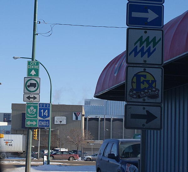 Old Hwy 14 signage in Downtown Saskatoon
